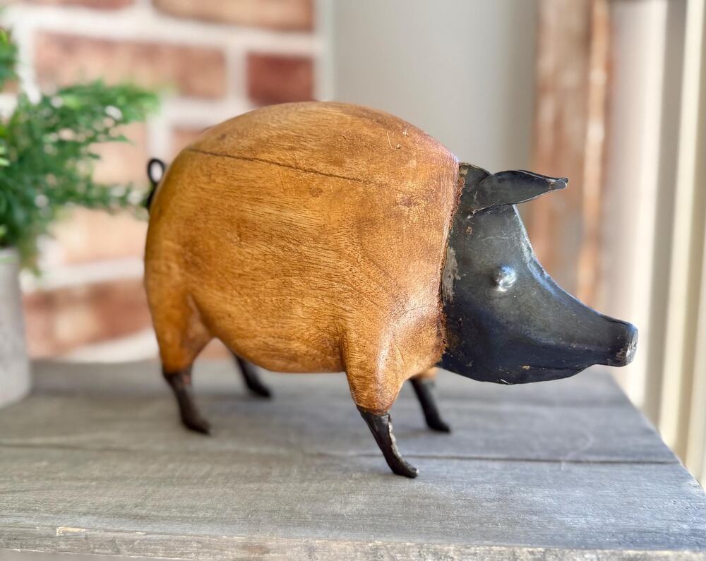 Vintage Folk Art Pig Figurine | Hand Carved Wood Metal Pig | Primitive Rustic